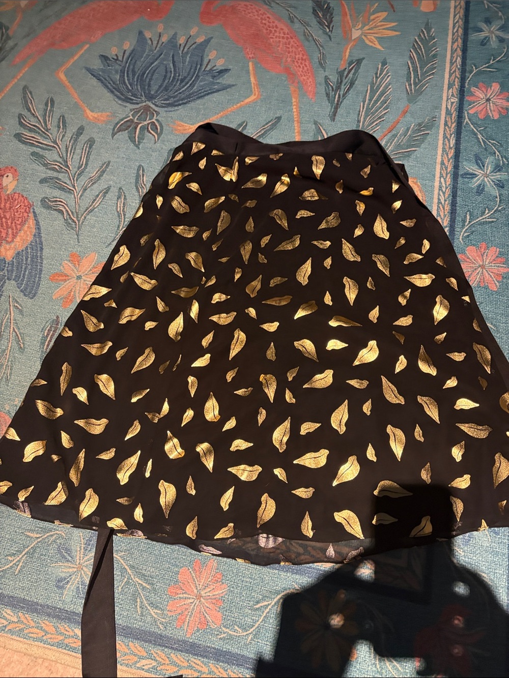 Diane Von Furstenberg Black A-Line wrap Skirt with Gold Leaf Motif